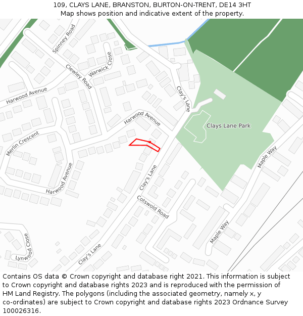 109, CLAYS LANE, BRANSTON, BURTON-ON-TRENT, DE14 3HT: Location map and indicative extent of plot