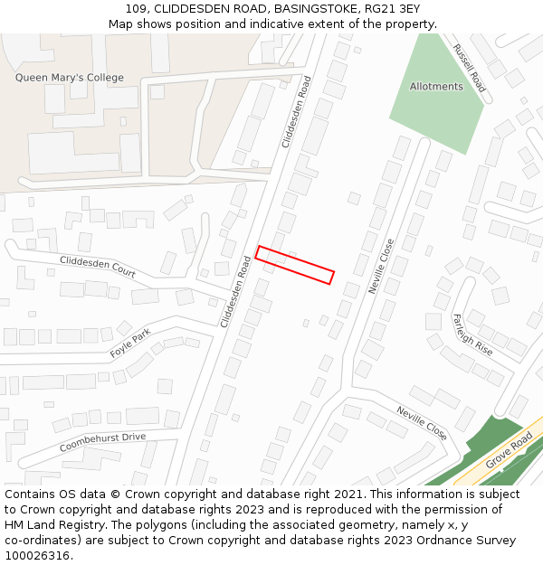 109, CLIDDESDEN ROAD, BASINGSTOKE, RG21 3EY: Location map and indicative extent of plot