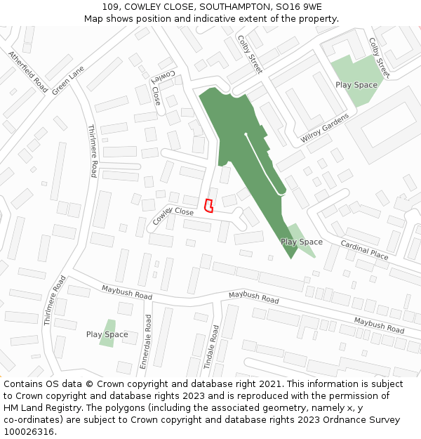 109, COWLEY CLOSE, SOUTHAMPTON, SO16 9WE: Location map and indicative extent of plot