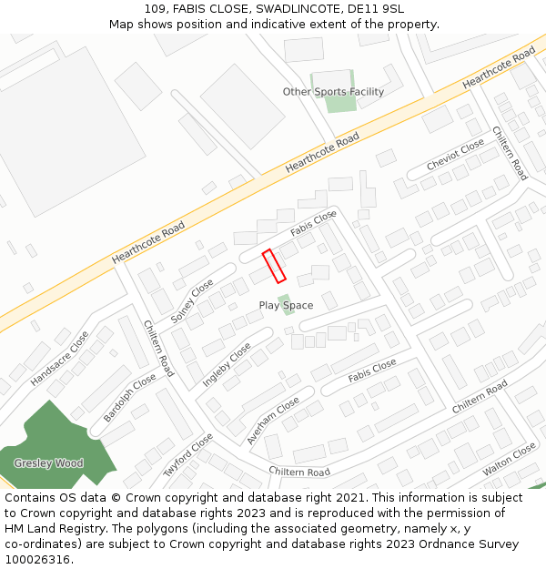 109, FABIS CLOSE, SWADLINCOTE, DE11 9SL: Location map and indicative extent of plot