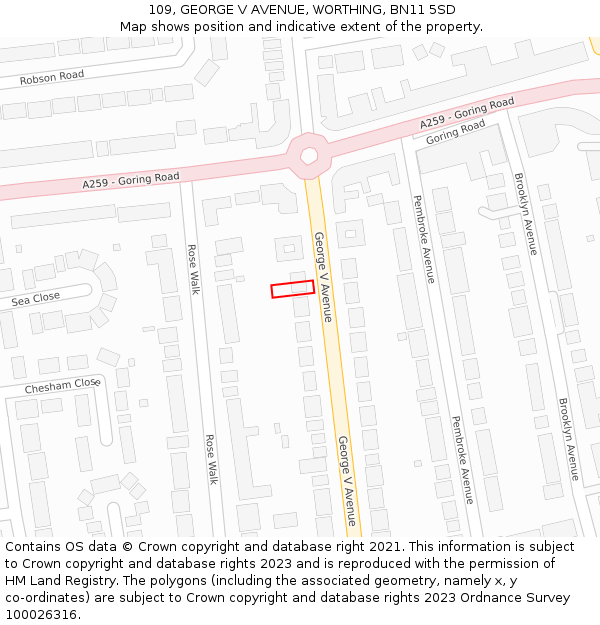 109, GEORGE V AVENUE, WORTHING, BN11 5SD: Location map and indicative extent of plot