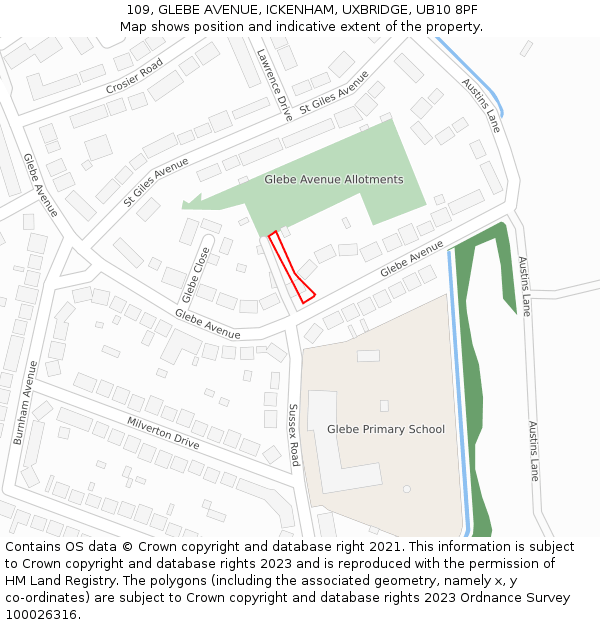 109, GLEBE AVENUE, ICKENHAM, UXBRIDGE, UB10 8PF: Location map and indicative extent of plot