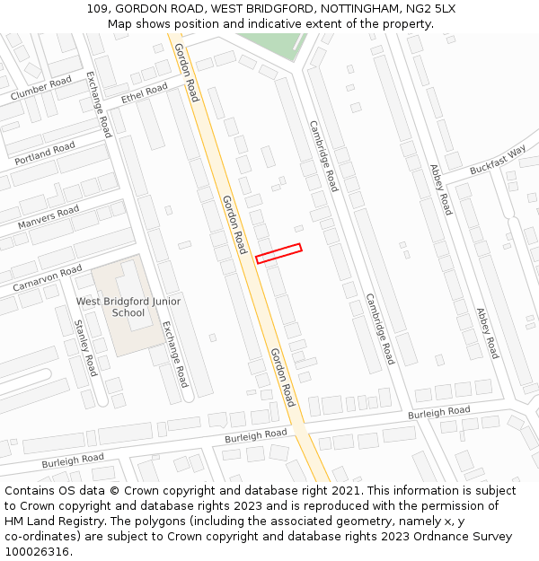 109, GORDON ROAD, WEST BRIDGFORD, NOTTINGHAM, NG2 5LX: Location map and indicative extent of plot