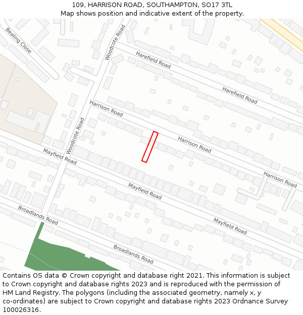 109, HARRISON ROAD, SOUTHAMPTON, SO17 3TL: Location map and indicative extent of plot