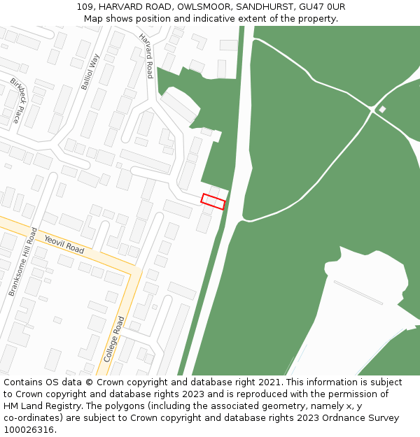 109, HARVARD ROAD, OWLSMOOR, SANDHURST, GU47 0UR: Location map and indicative extent of plot