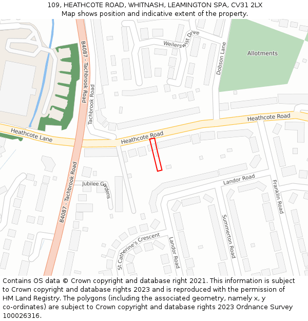 109, HEATHCOTE ROAD, WHITNASH, LEAMINGTON SPA, CV31 2LX: Location map and indicative extent of plot