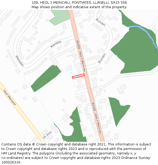 109, HEOL Y MEINCIAU, PONTYATES, LLANELLI, SA15 5SE: Location map and indicative extent of plot