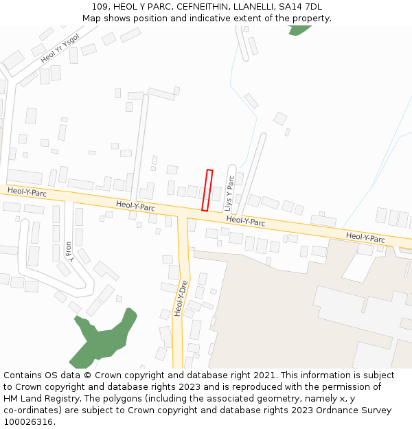 109, HEOL Y PARC, CEFNEITHIN, LLANELLI, SA14 7DL: Location map and indicative extent of plot