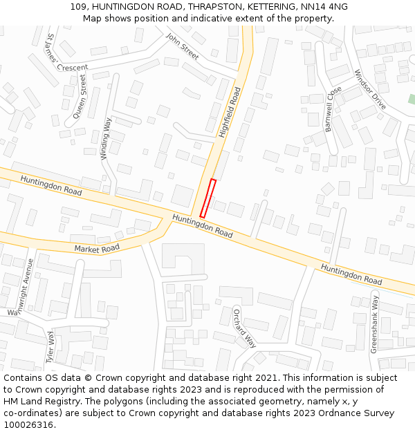 109, HUNTINGDON ROAD, THRAPSTON, KETTERING, NN14 4NG: Location map and indicative extent of plot