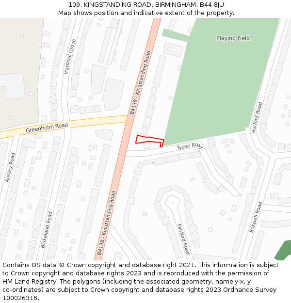 109, KINGSTANDING ROAD, BIRMINGHAM, B44 8JU: Location map and indicative extent of plot