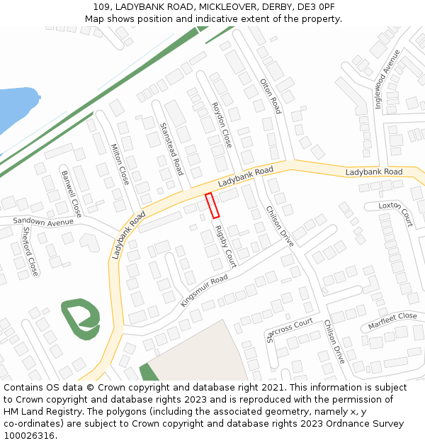 109, LADYBANK ROAD, MICKLEOVER, DERBY, DE3 0PF: Location map and indicative extent of plot