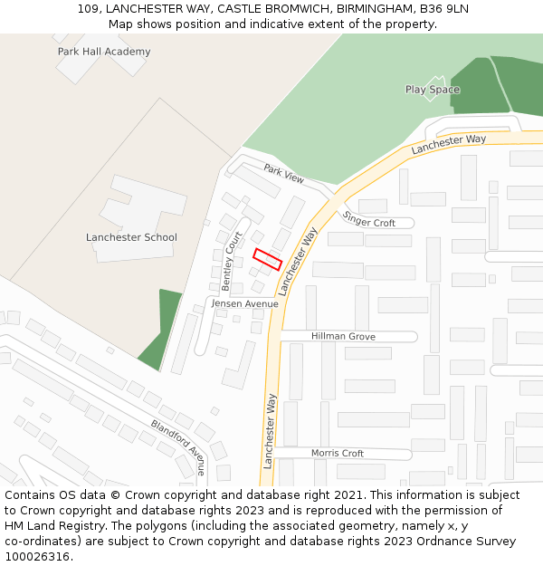 109, LANCHESTER WAY, CASTLE BROMWICH, BIRMINGHAM, B36 9LN: Location map and indicative extent of plot