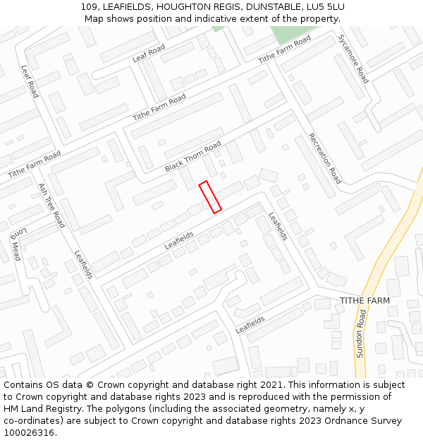 109, LEAFIELDS, HOUGHTON REGIS, DUNSTABLE, LU5 5LU: Location map and indicative extent of plot