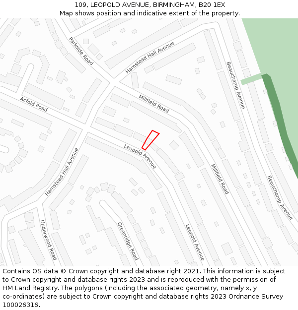 109, LEOPOLD AVENUE, BIRMINGHAM, B20 1EX: Location map and indicative extent of plot