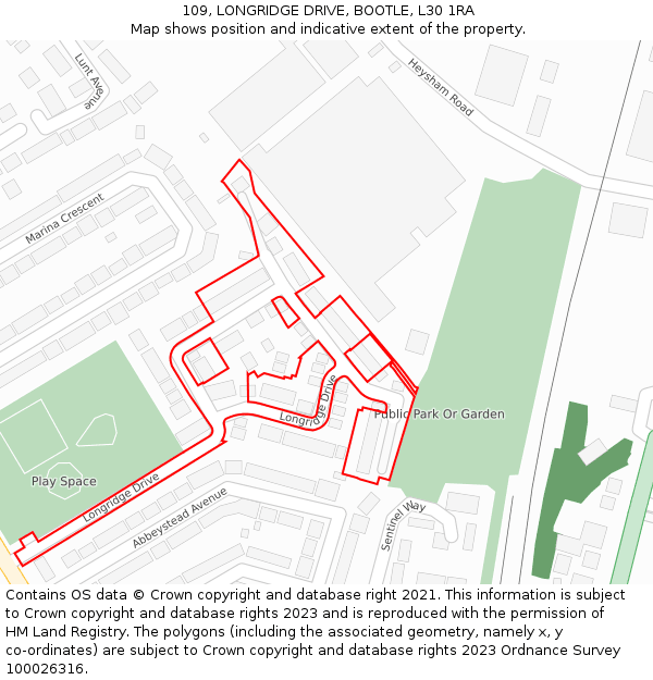 109, LONGRIDGE DRIVE, BOOTLE, L30 1RA: Location map and indicative extent of plot