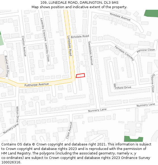 109, LUNEDALE ROAD, DARLINGTON, DL3 9AS: Location map and indicative extent of plot