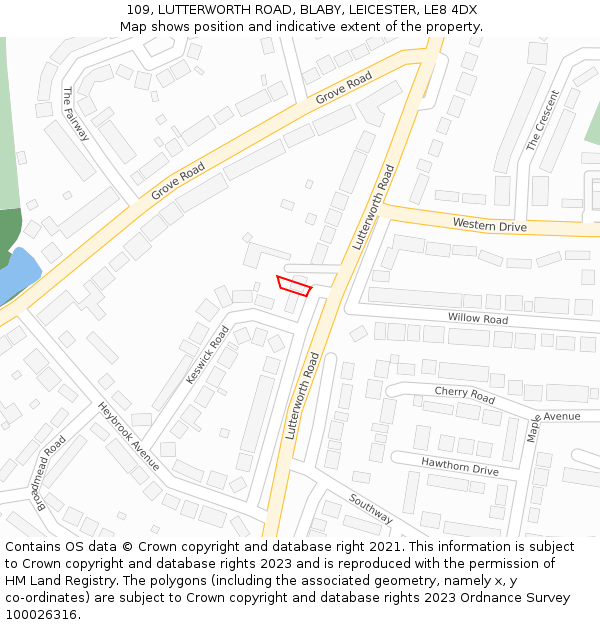 109, LUTTERWORTH ROAD, BLABY, LEICESTER, LE8 4DX: Location map and indicative extent of plot