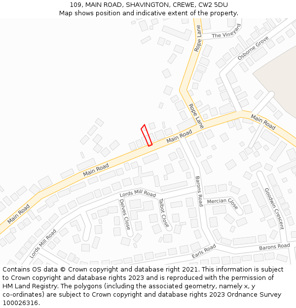 109, MAIN ROAD, SHAVINGTON, CREWE, CW2 5DU: Location map and indicative extent of plot