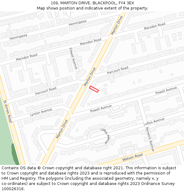 109, MARTON DRIVE, BLACKPOOL, FY4 3EX: Location map and indicative extent of plot