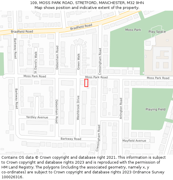 109, MOSS PARK ROAD, STRETFORD, MANCHESTER, M32 9HN: Location map and indicative extent of plot