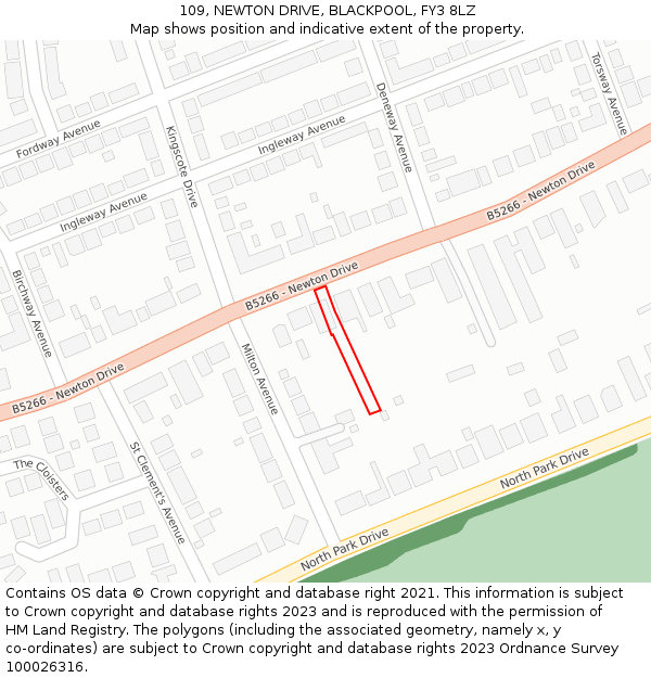 109, NEWTON DRIVE, BLACKPOOL, FY3 8LZ: Location map and indicative extent of plot