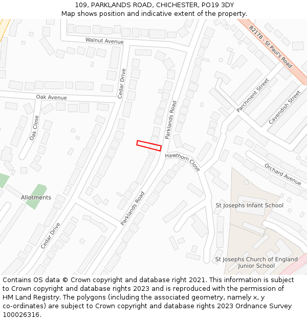 109, PARKLANDS ROAD, CHICHESTER, PO19 3DY: Location map and indicative extent of plot