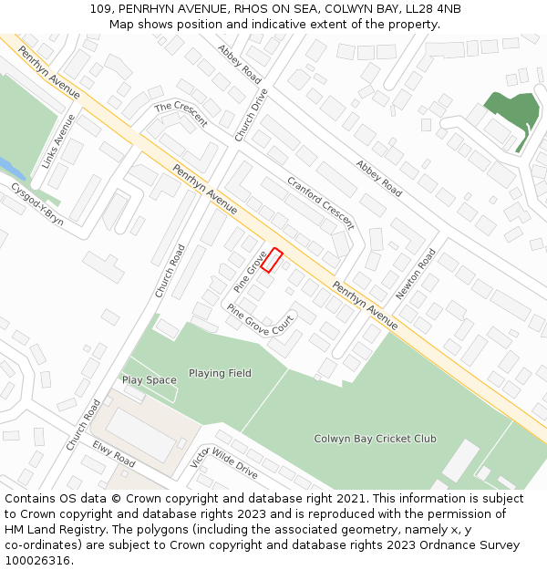 109, PENRHYN AVENUE, RHOS ON SEA, COLWYN BAY, LL28 4NB: Location map and indicative extent of plot