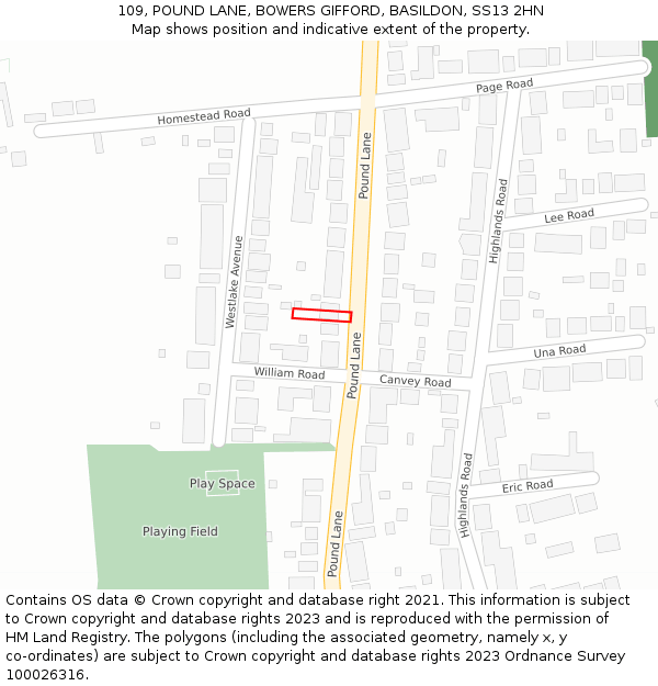 109, POUND LANE, BOWERS GIFFORD, BASILDON, SS13 2HN: Location map and indicative extent of plot
