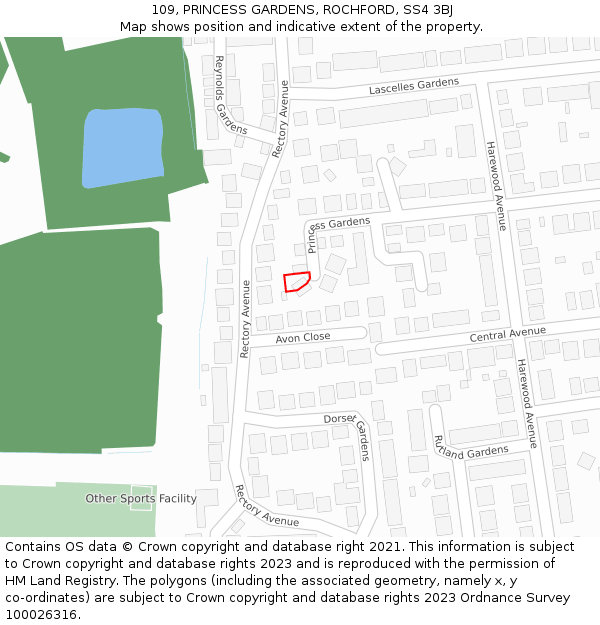 109, PRINCESS GARDENS, ROCHFORD, SS4 3BJ: Location map and indicative extent of plot