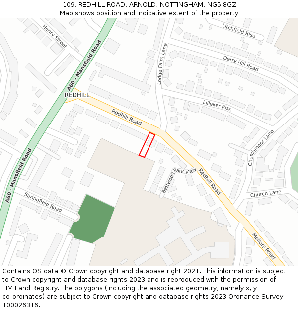 109, REDHILL ROAD, ARNOLD, NOTTINGHAM, NG5 8GZ: Location map and indicative extent of plot