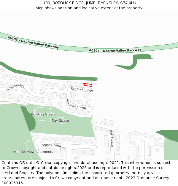 109, ROEBUCK RIDGE, JUMP, BARNSLEY, S74 0LU: Location map and indicative extent of plot