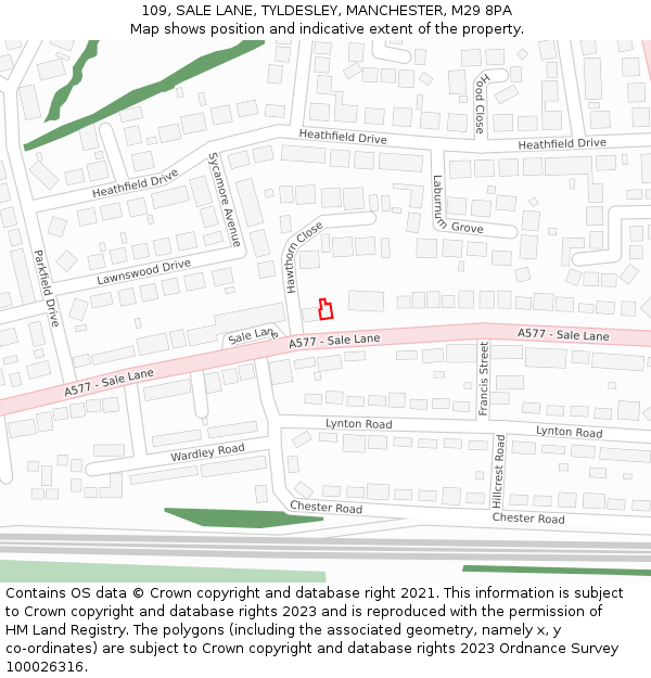 109, SALE LANE, TYLDESLEY, MANCHESTER, M29 8PA: Location map and indicative extent of plot