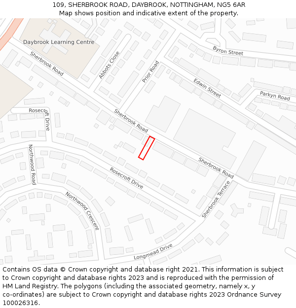 109, SHERBROOK ROAD, DAYBROOK, NOTTINGHAM, NG5 6AR: Location map and indicative extent of plot