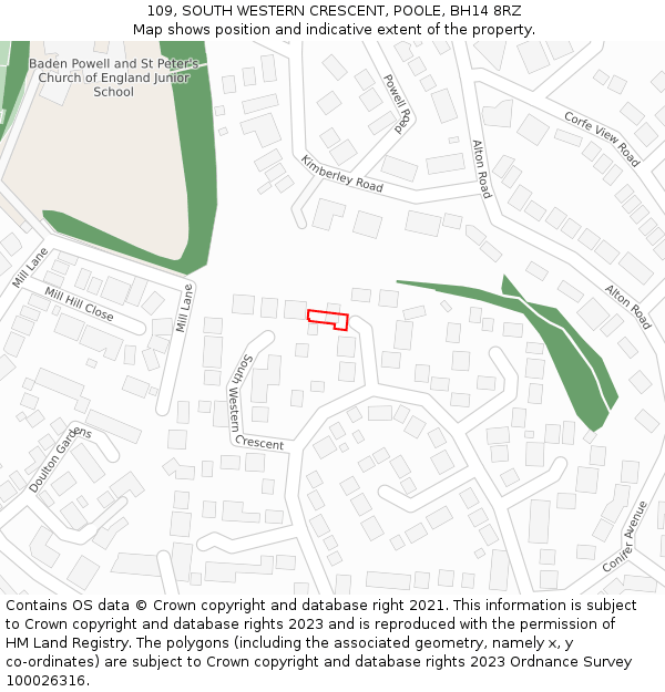 109, SOUTH WESTERN CRESCENT, POOLE, BH14 8RZ: Location map and indicative extent of plot