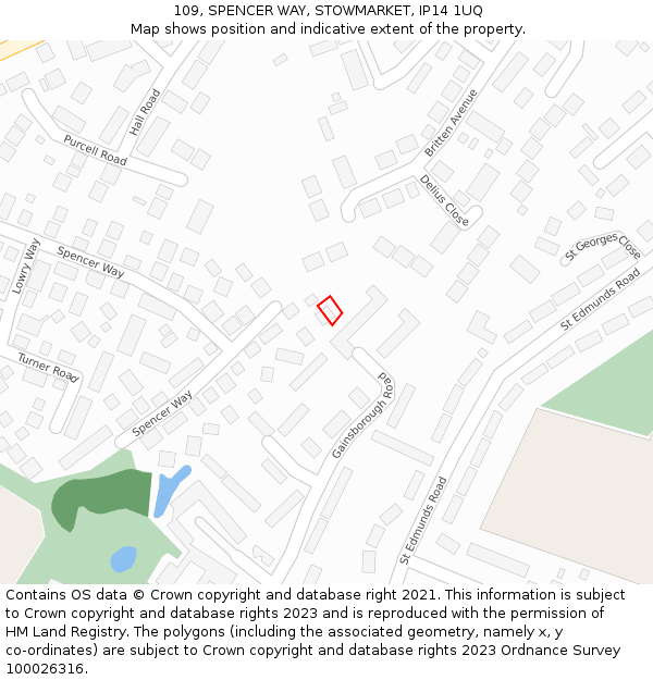 109, SPENCER WAY, STOWMARKET, IP14 1UQ: Location map and indicative extent of plot