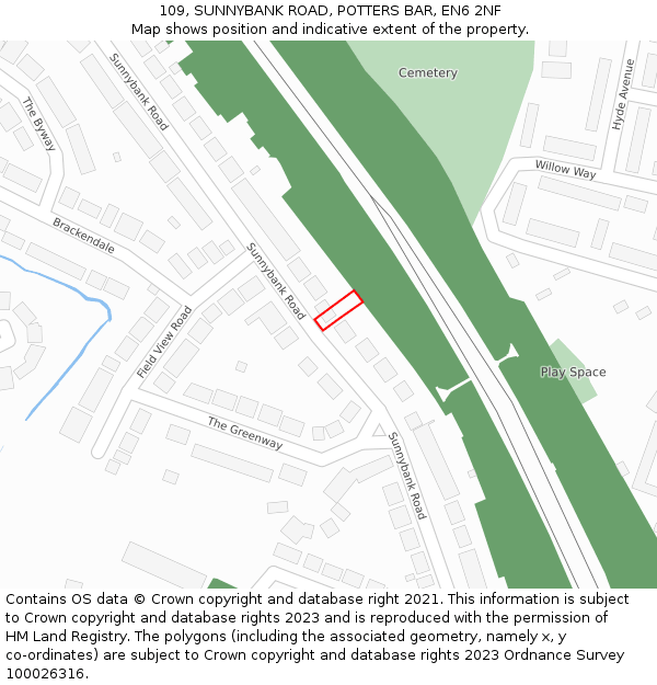 109, SUNNYBANK ROAD, POTTERS BAR, EN6 2NF: Location map and indicative extent of plot