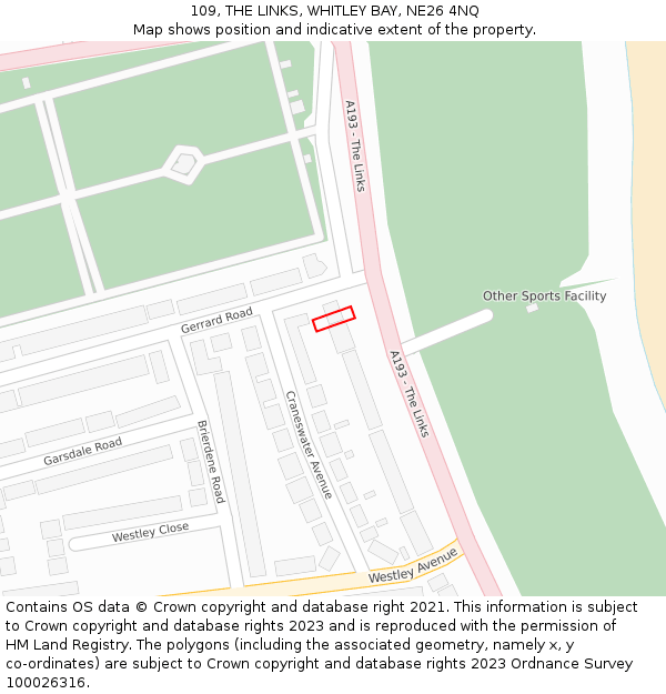 109, THE LINKS, WHITLEY BAY, NE26 4NQ: Location map and indicative extent of plot