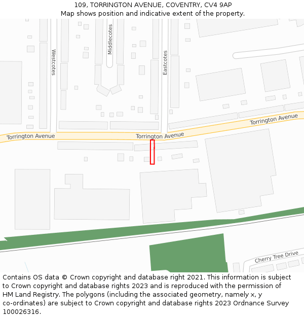 109, TORRINGTON AVENUE, COVENTRY, CV4 9AP: Location map and indicative extent of plot