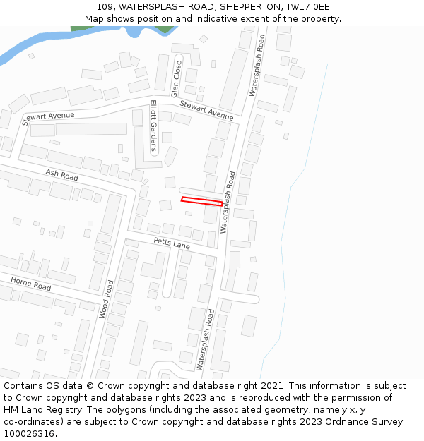 109, WATERSPLASH ROAD, SHEPPERTON, TW17 0EE: Location map and indicative extent of plot