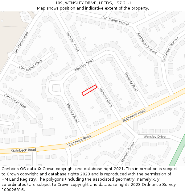 109, WENSLEY DRIVE, LEEDS, LS7 2LU: Location map and indicative extent of plot