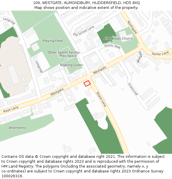 109, WESTGATE, ALMONDBURY, HUDDERSFIELD, HD5 8XQ: Location map and indicative extent of plot