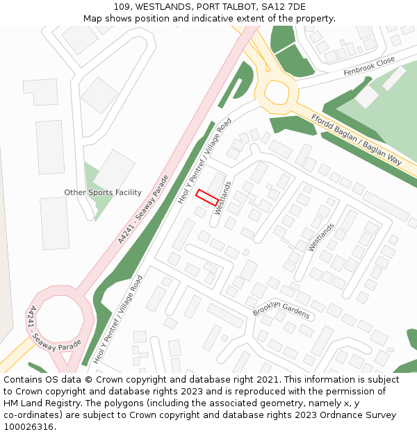 109, WESTLANDS, PORT TALBOT, SA12 7DE: Location map and indicative extent of plot