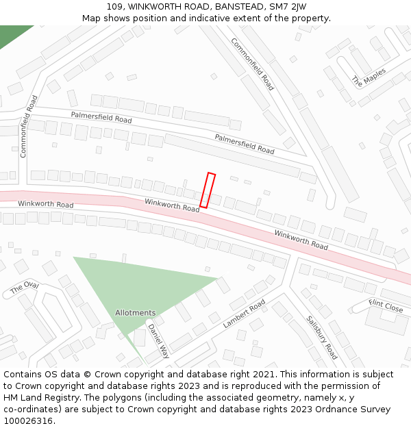 109, WINKWORTH ROAD, BANSTEAD, SM7 2JW: Location map and indicative extent of plot