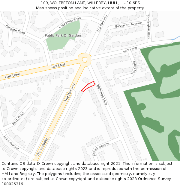 109, WOLFRETON LANE, WILLERBY, HULL, HU10 6PS: Location map and indicative extent of plot