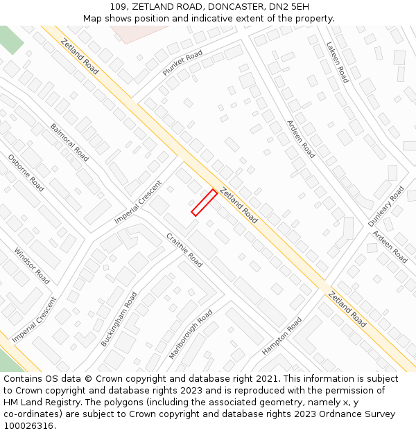 109, ZETLAND ROAD, DONCASTER, DN2 5EH: Location map and indicative extent of plot