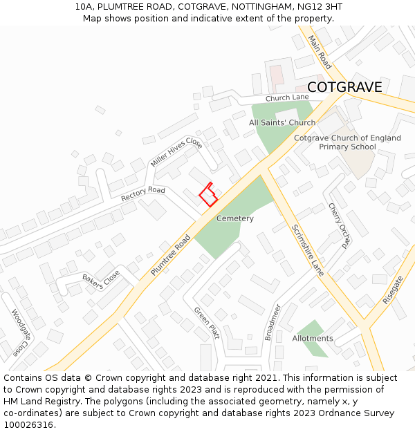 10A, PLUMTREE ROAD, COTGRAVE, NOTTINGHAM, NG12 3HT: Location map and indicative extent of plot