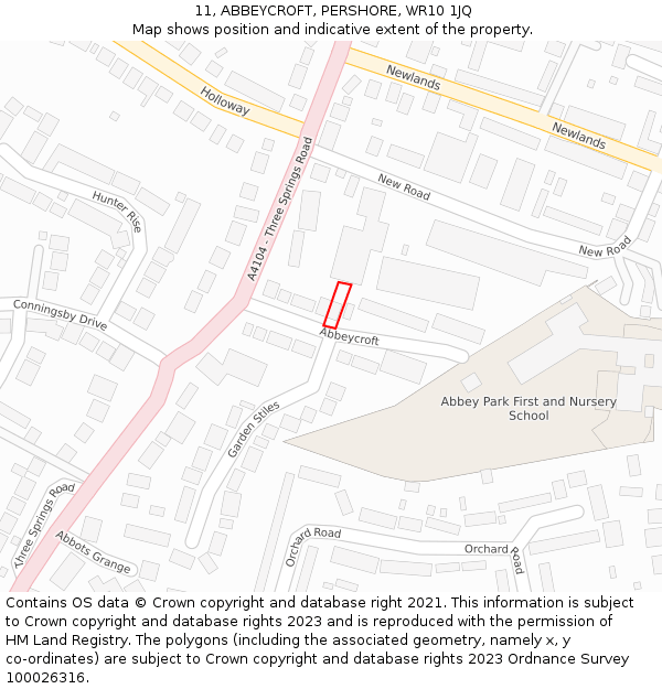 11, ABBEYCROFT, PERSHORE, WR10 1JQ: Location map and indicative extent of plot