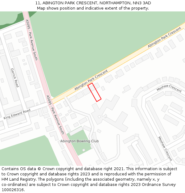 11, ABINGTON PARK CRESCENT, NORTHAMPTON, NN3 3AD: Location map and indicative extent of plot