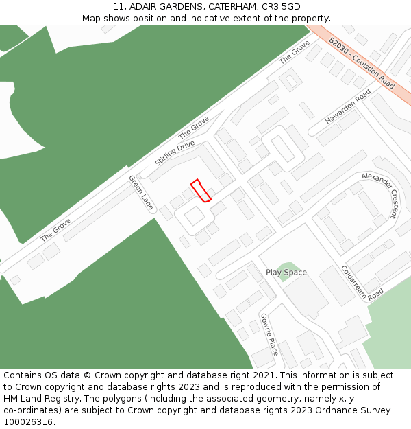 11, ADAIR GARDENS, CATERHAM, CR3 5GD: Location map and indicative extent of plot