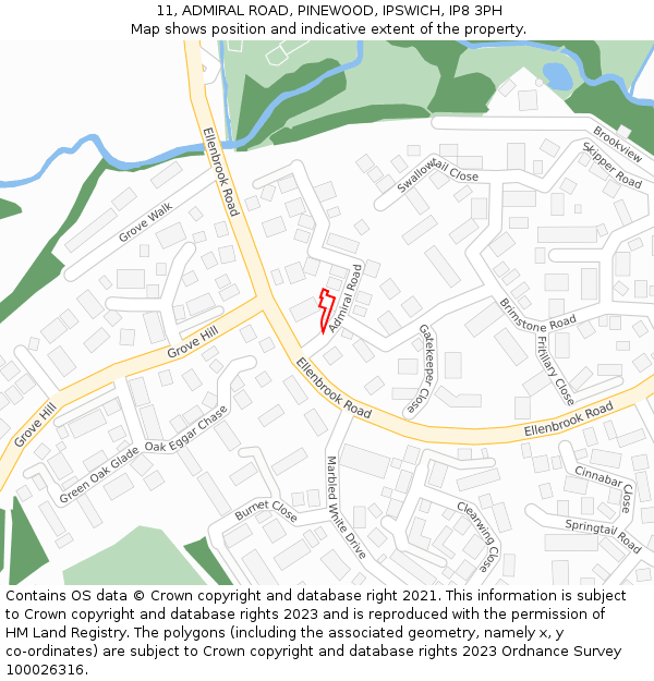 11, ADMIRAL ROAD, PINEWOOD, IPSWICH, IP8 3PH: Location map and indicative extent of plot